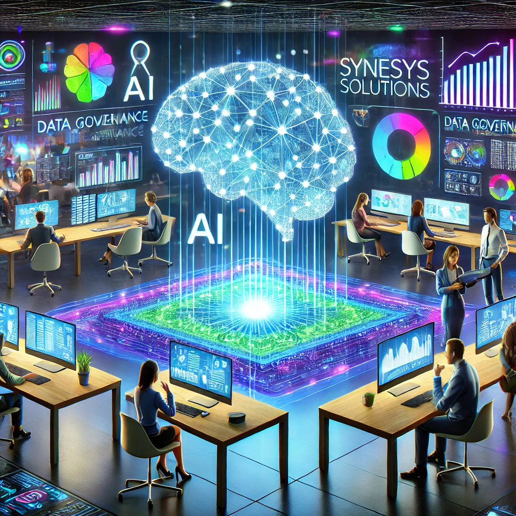 A futuristic workspace featuring a glowing digital brain representing AI, surrounded by transparent screens displaying real-time data and analytics, with Synesys Solutions' color palette.