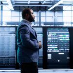 Performance Monitoring .Engineer walking in data center, monitoring system performance